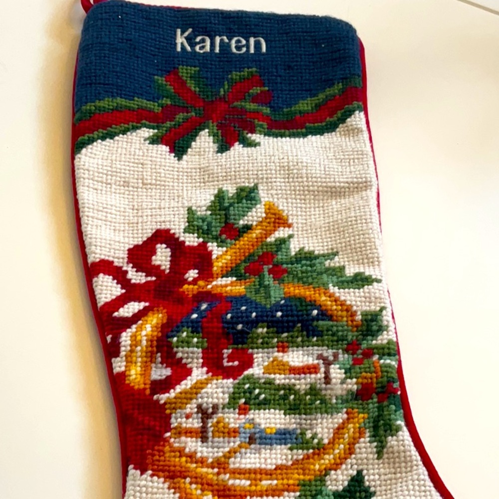 Christmas Lands End Stocking with Bow and Ornament Design “ Karen”